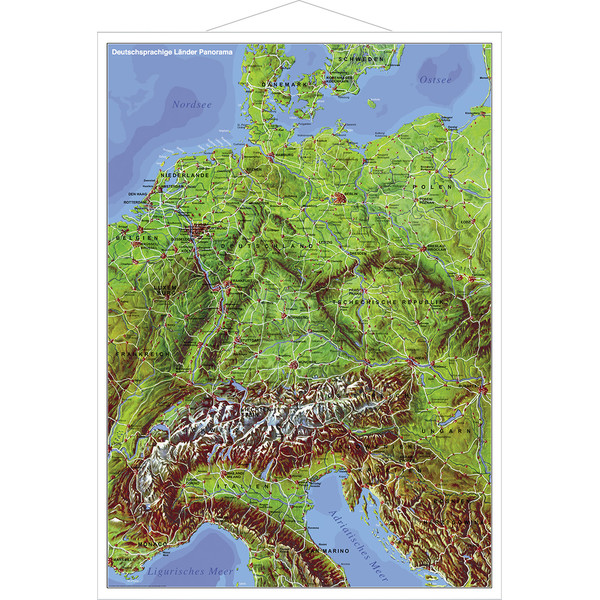 Stiefel Mapa regional Panorama map of German-speaking countries, with metal strip (in German)