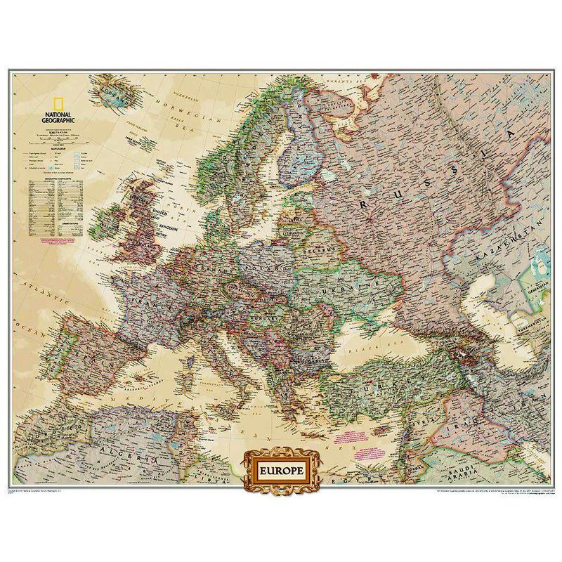 National Geographic Mapa de Europa político, grande, de diseño de antiguedad