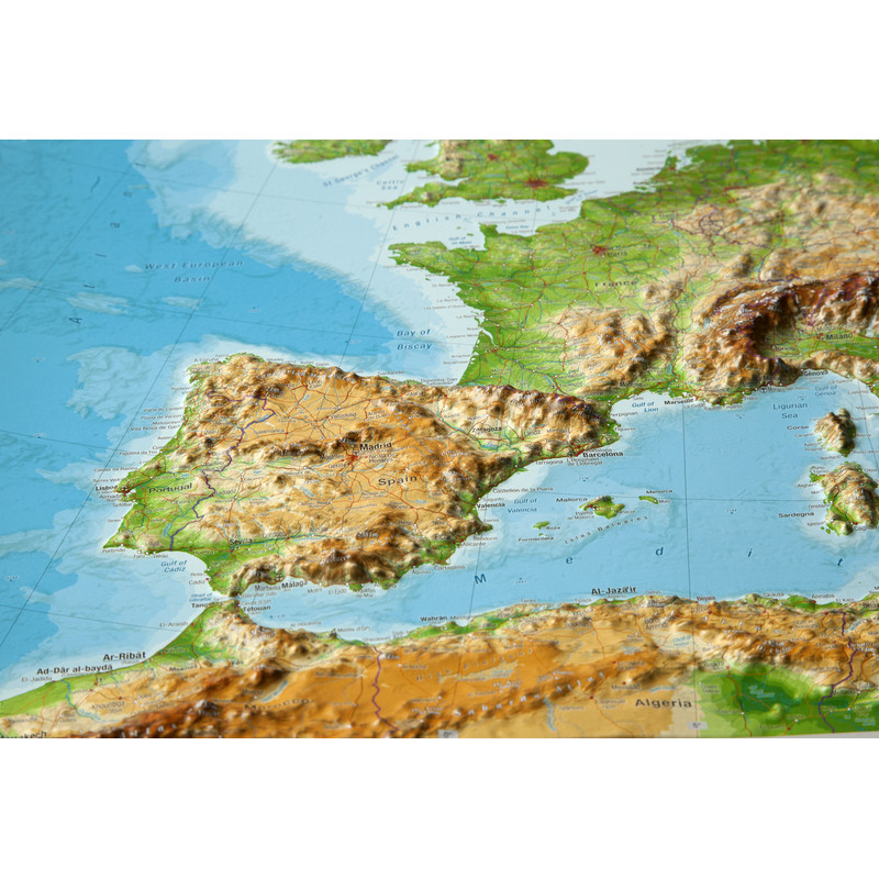 Georelief Mapa geográfico en relieve de Europa, grande, 3D, INGLÉS