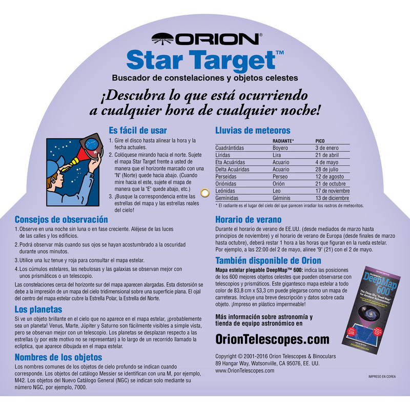 Orion Mapa estelar Star Target para latitudes de 30° a 50° N