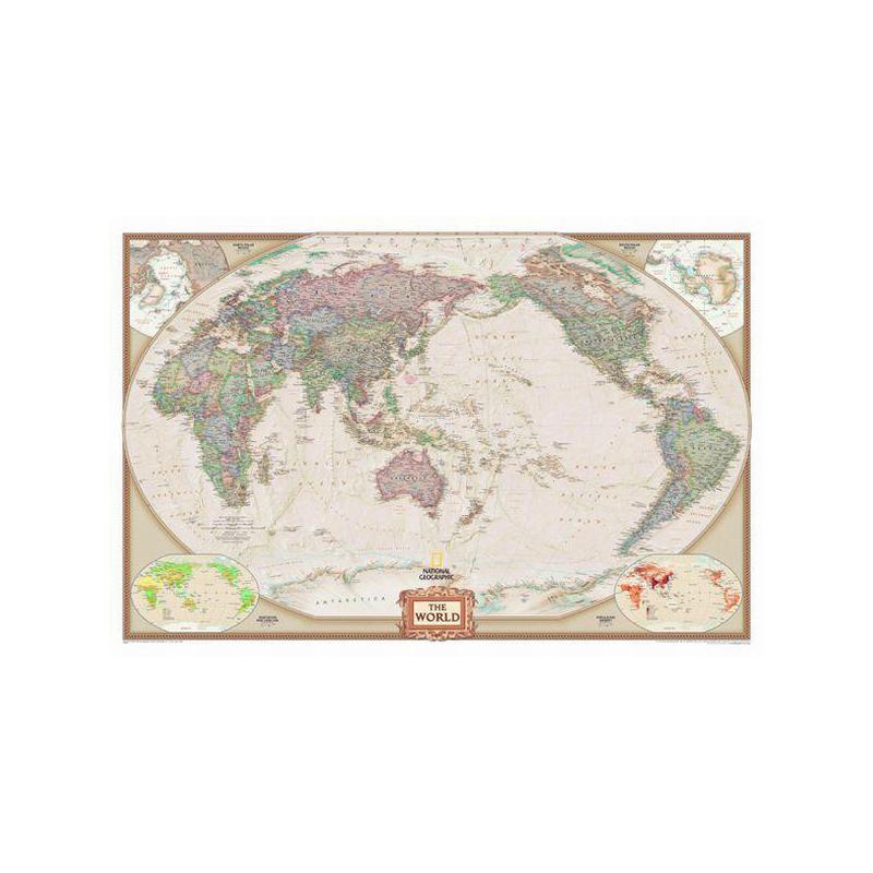 National Geographic Mapamundi Mapa de apariencia antiguo del mundo con Oceano Pacífico en el centro, laminado