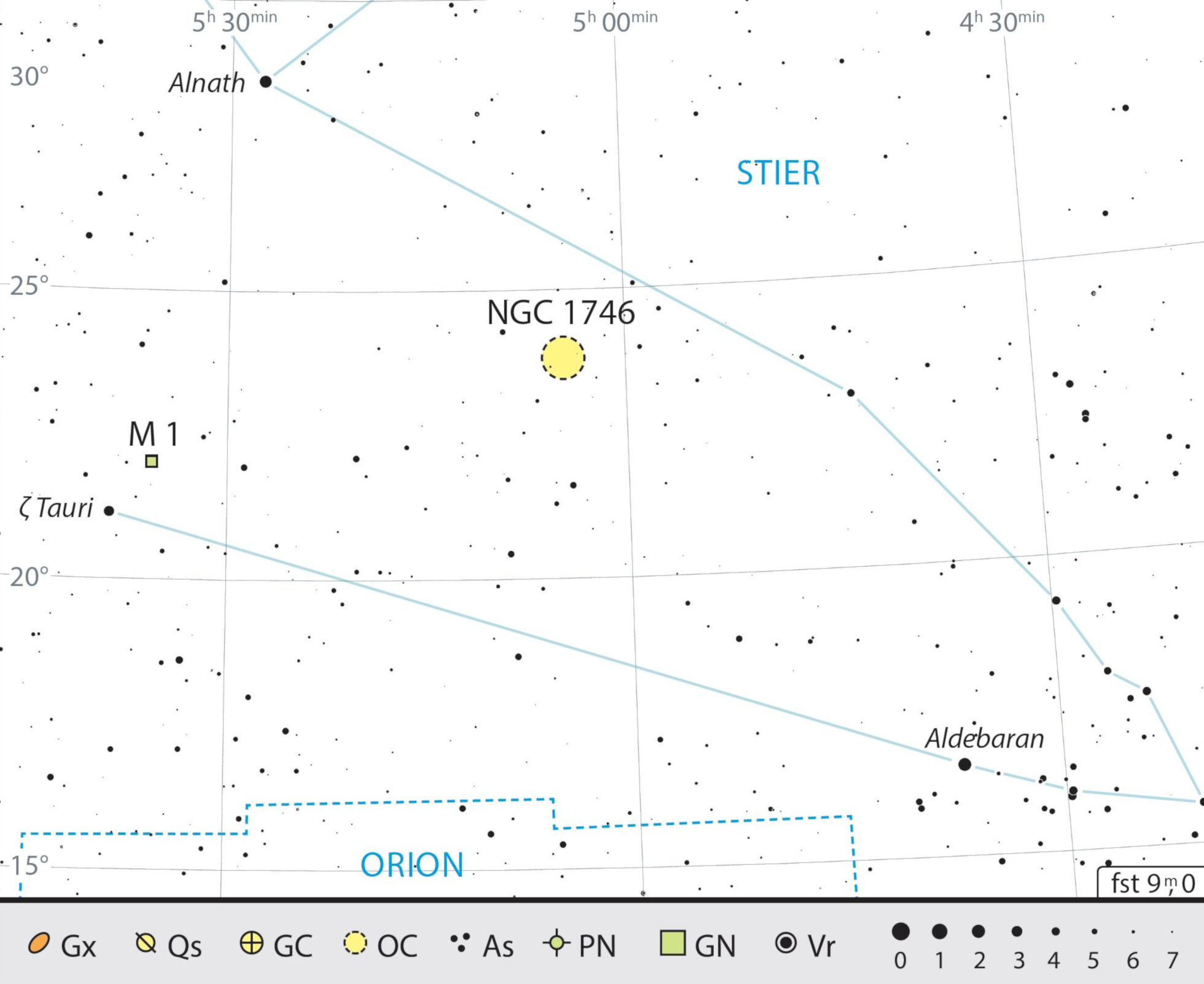 Mapa estelar de Messier 1 en la constelación de Tauro. J. Scholten