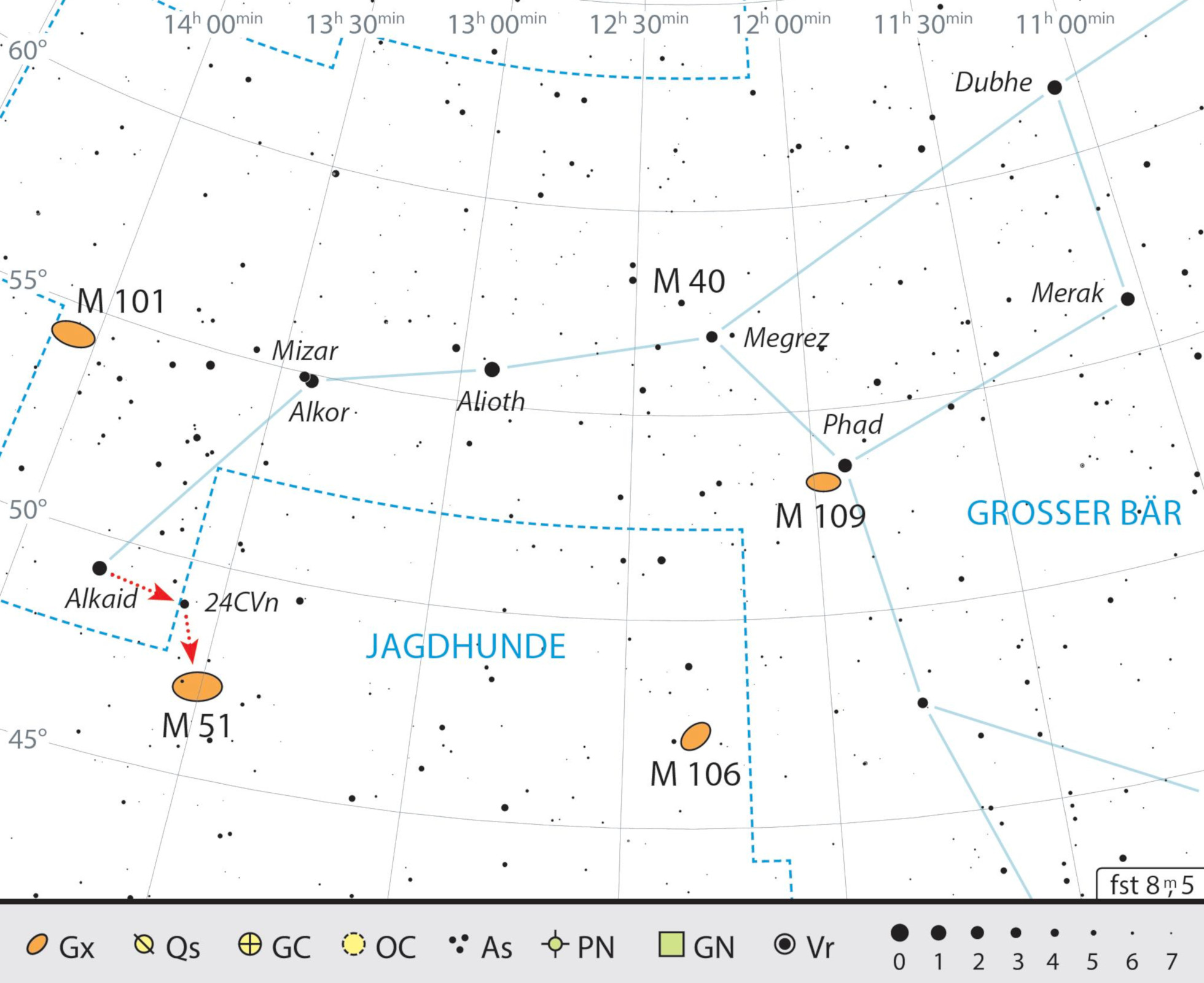 Mapa estelar de M51 en la constelación de los Perros de Caza. J. Scholten
