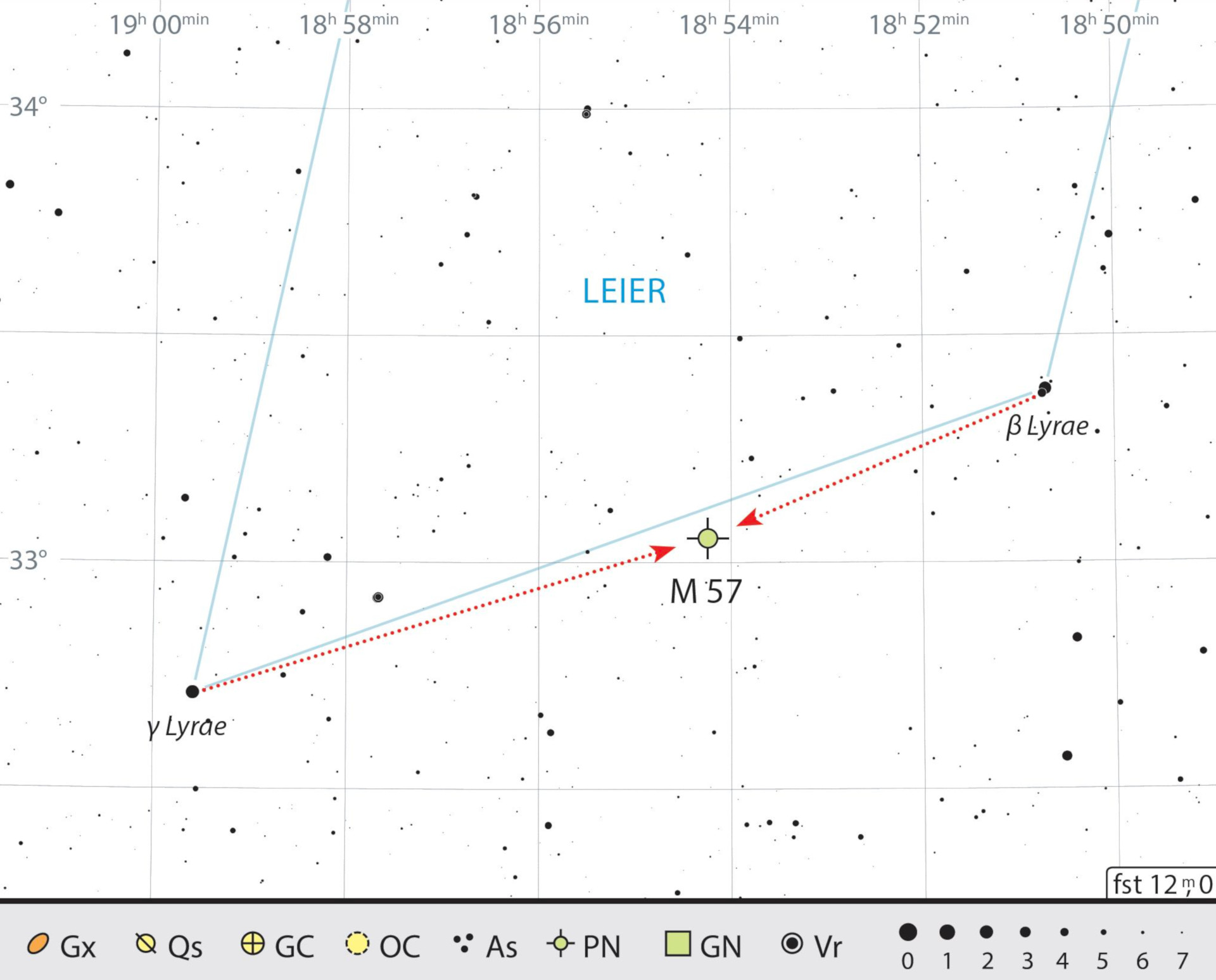 Mapa estelar de la nebulosa del Anillo en la constelación de Lira. J. Scholten