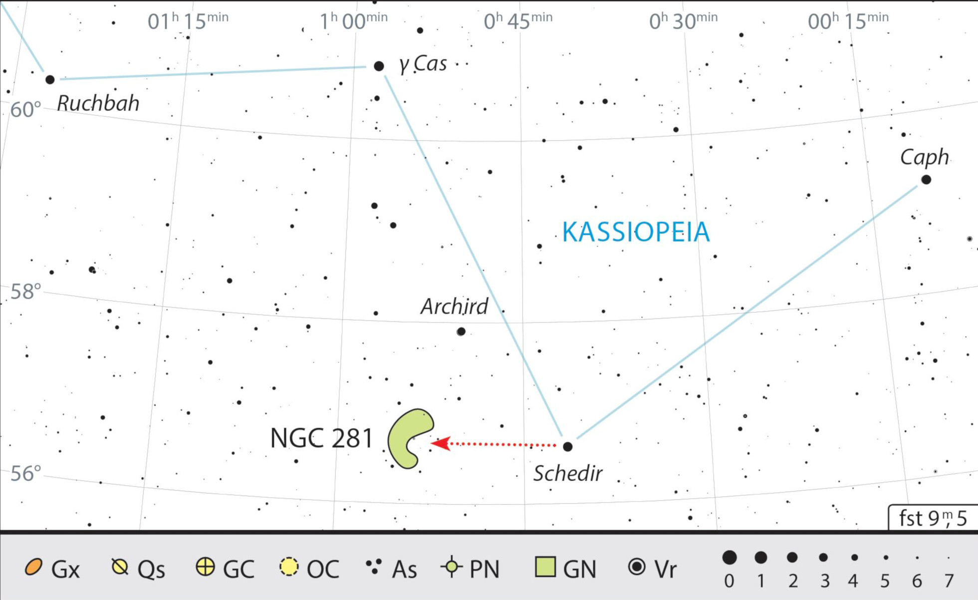 La nebulosa de Pacman está muy cerca de α Cas (Schedir), la estrella principal de Casiopea. J. Scholten