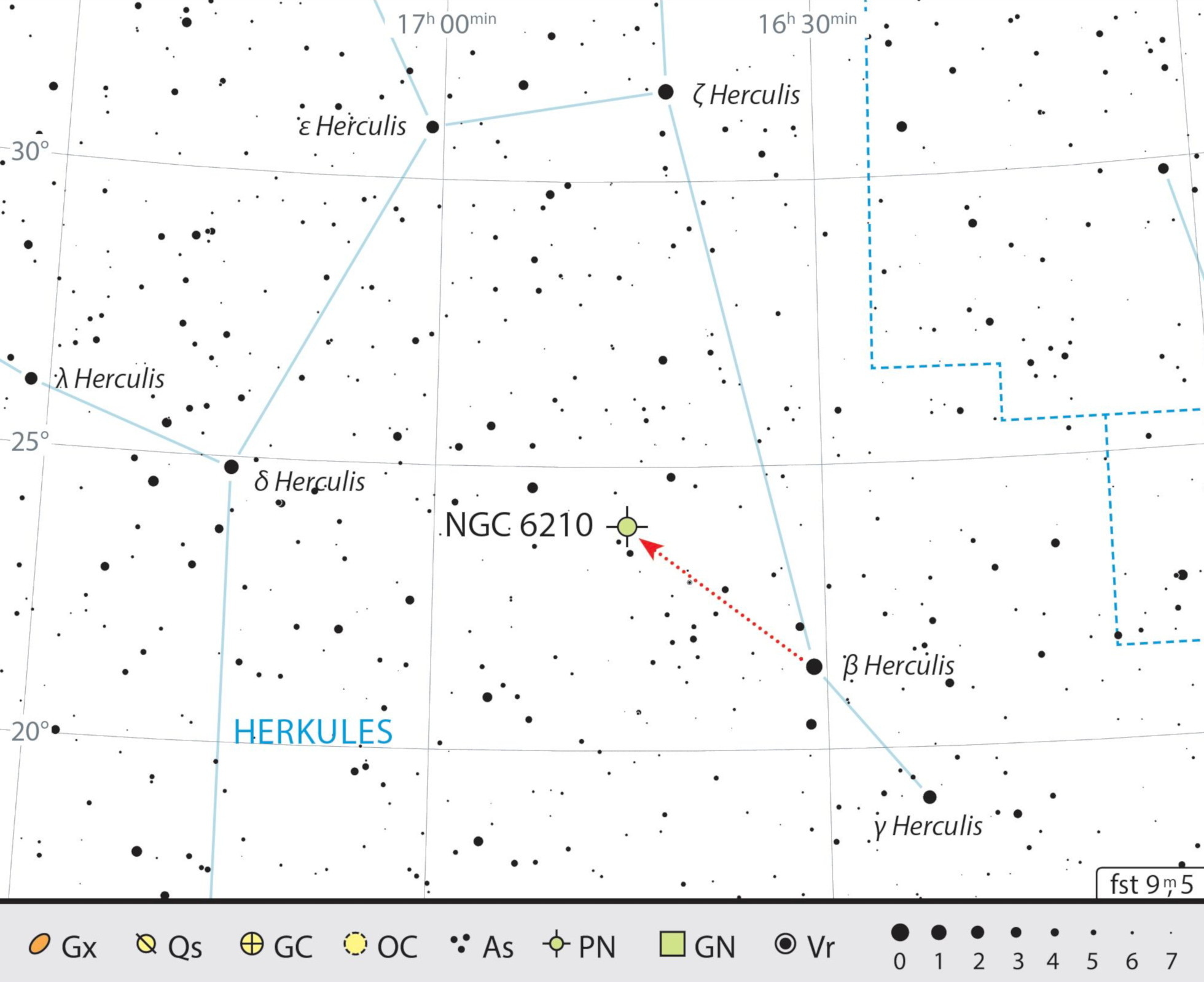 Mapa estelar de NGC 6210 en la constelación de Hércules. J. Scholten