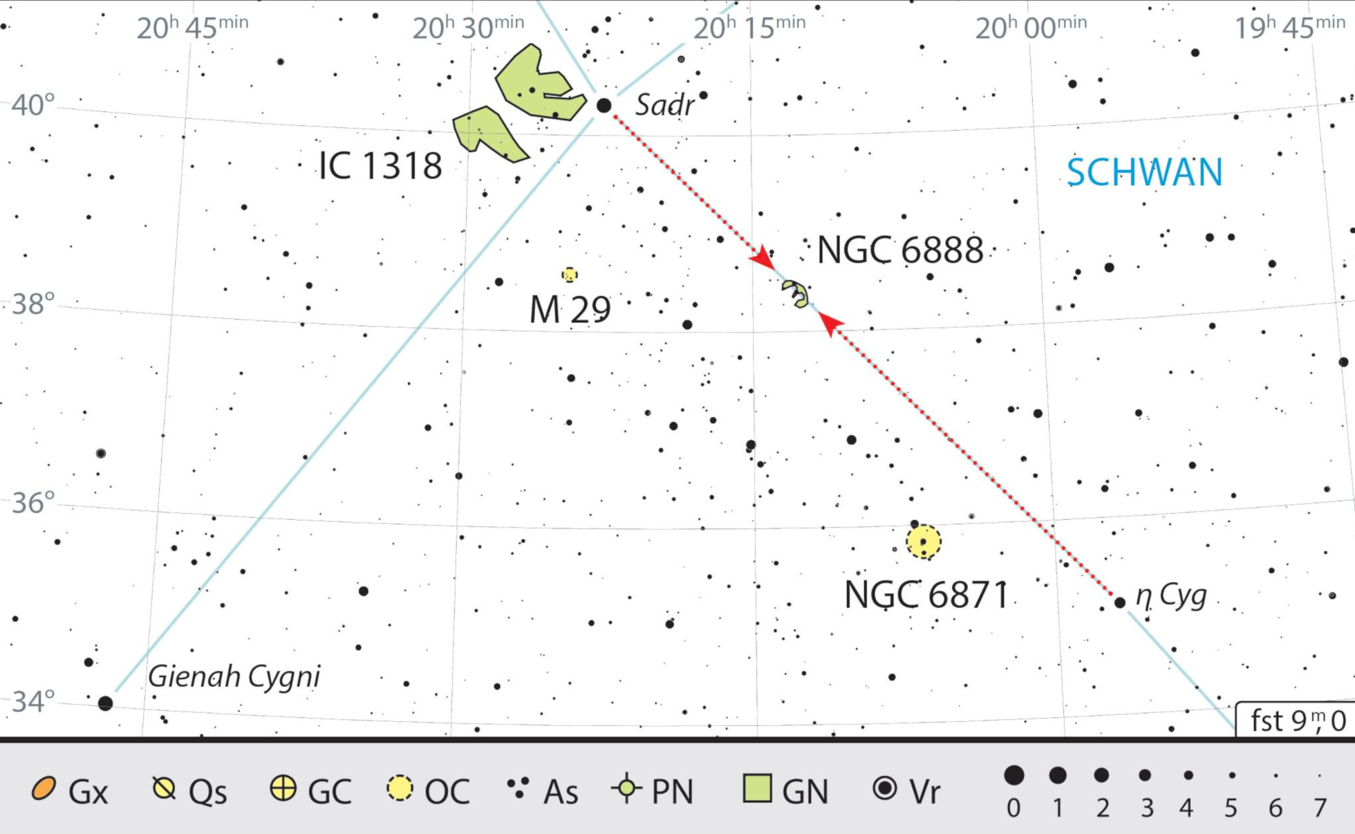 La nebulosa de la Media Luna se encuentra a aproximadamente un tercio de la distancia entre Sadir (γ Cyg) y η Cyg. J. Scholten