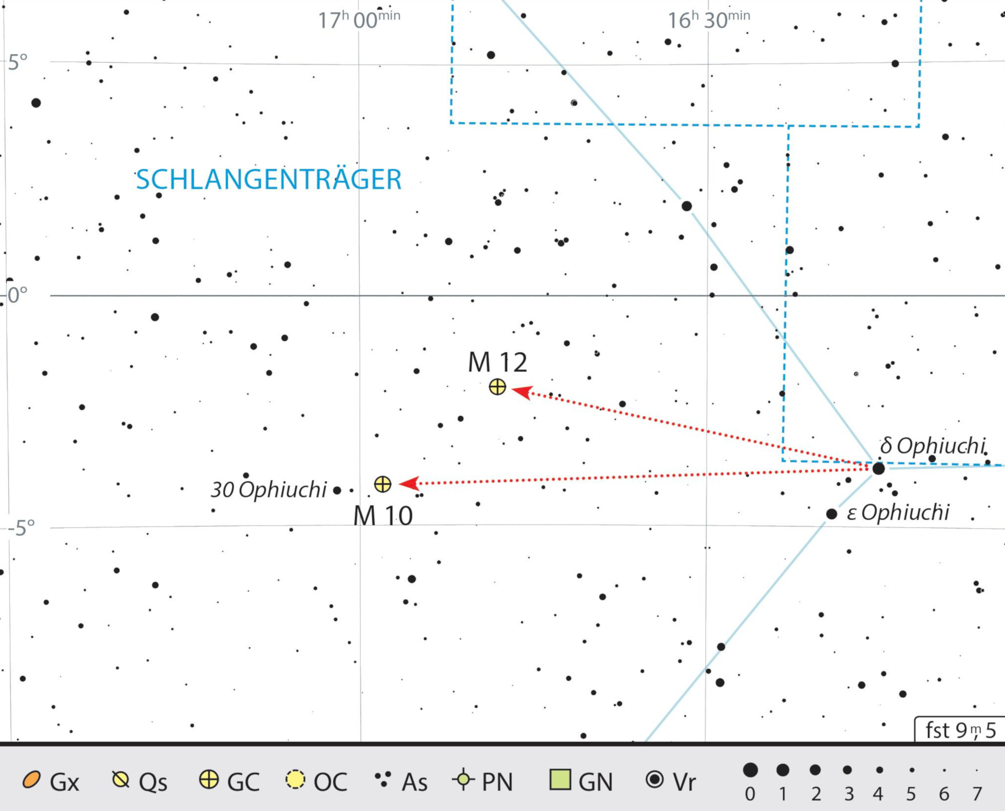 Mapa estelar de los cúmulos globulares M10 y M12 en la constelación de Ofiuco. J. Scholten