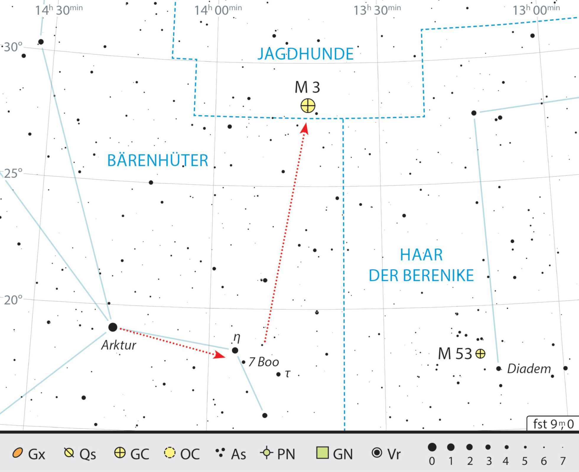 Mapa estelar de M3 en la constelación de los Perros de Caza. J. Scholte