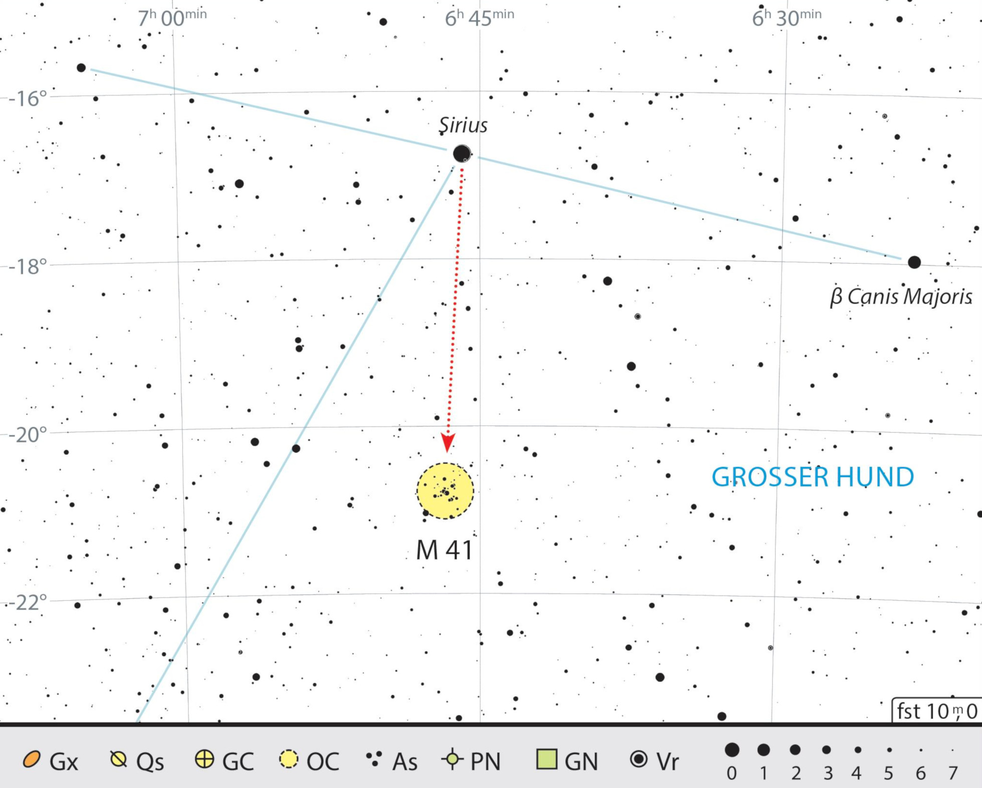 Mapa para la búsqueda de Messier 41 en la constelación del Can Mayor. J. Scholten