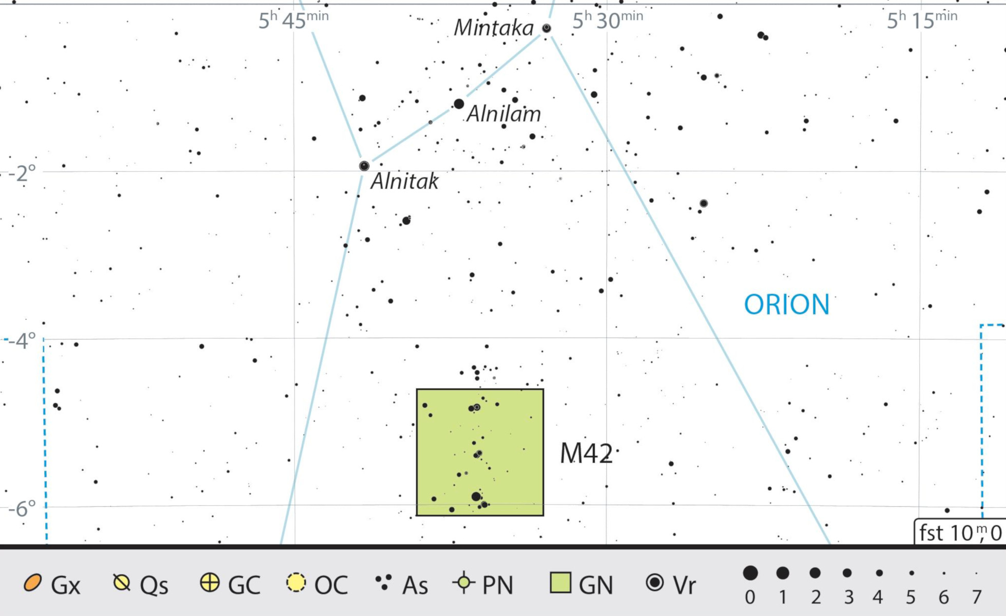 La nebulosa de Orión M42 en la constelación homónima. J. Scholten