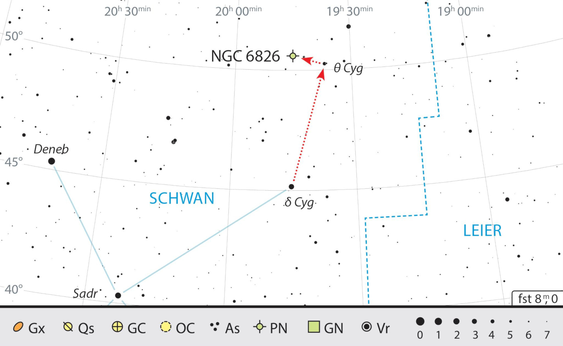 δ Cygni y θ Cygni marcan el camino para encontrar NGC 6826. J. Scholten
