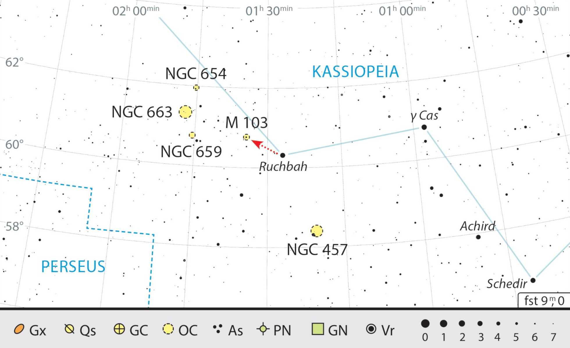 M103 está fácilmente accesible sobre la estrella Ruchba (δ Cas). J. Scholten