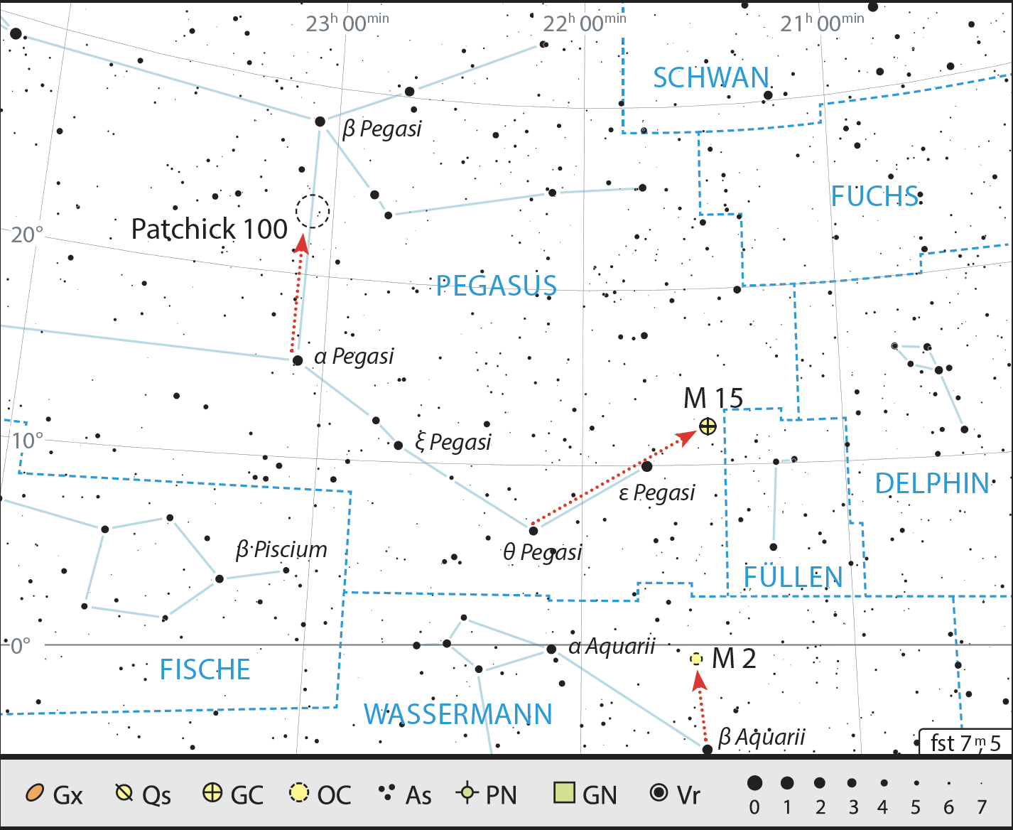 En esta excursión celeste con binoculares hay que recorrer grandes distancias para encontrar objetos interesantes alrededor de la constelación de Pegaso. J. Scholten