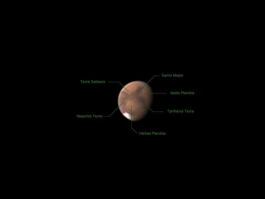 Foto de Marte con un SC de 8", ZWO ASI 224MC, ADC con muy buenas condiciones atmosféricas tomada en agosto de 2020 (foto de J. Bates, Berlín)