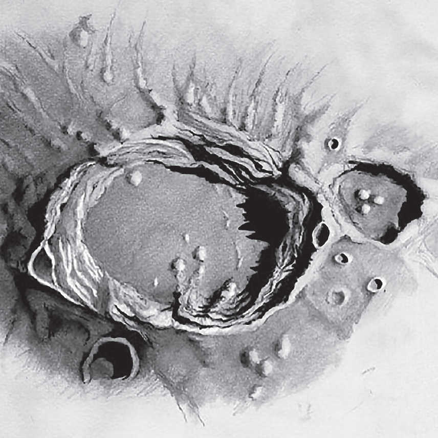 Aristóteles y Mitchell a través de un telescopio de 400 mm de apertura y factor de aumento de 385. En un telescopio con esta apertura, ambos cráteres muestran una enorme riqueza en detalles. Serge Vieillard