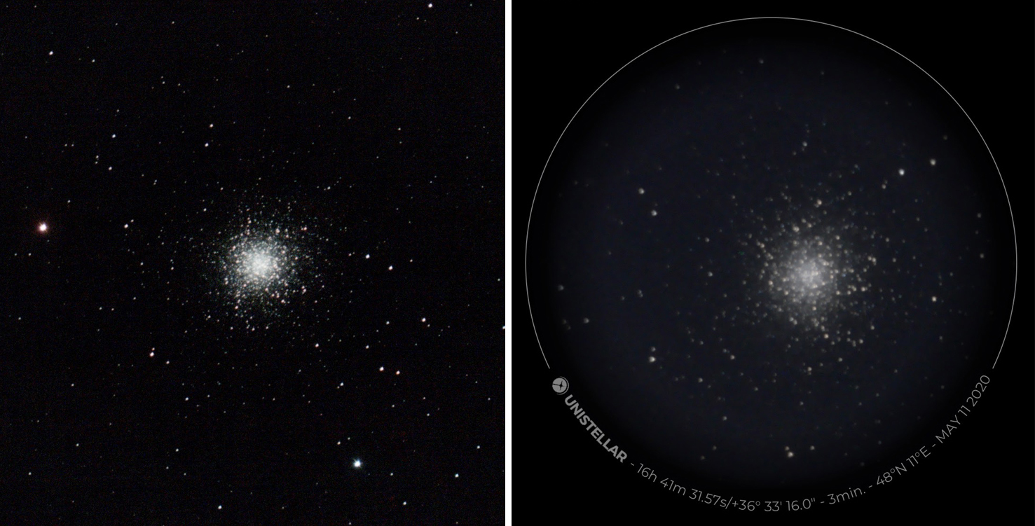 Comparativa del cúmulo globular M 13 capturado con el Stellina y el eVscope. Tiempo de exposición: Vaonis: 25 minutos, Unistellar: 3 minutos
 