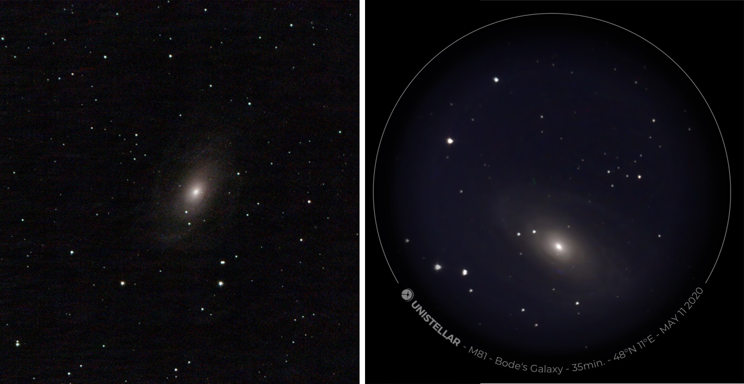 Comparativa de la galaxia M 81 capturada con ambos telescopios. Tiempo de exposición: Vaonis: 30 minutos, Unistellar: 35 minutos.