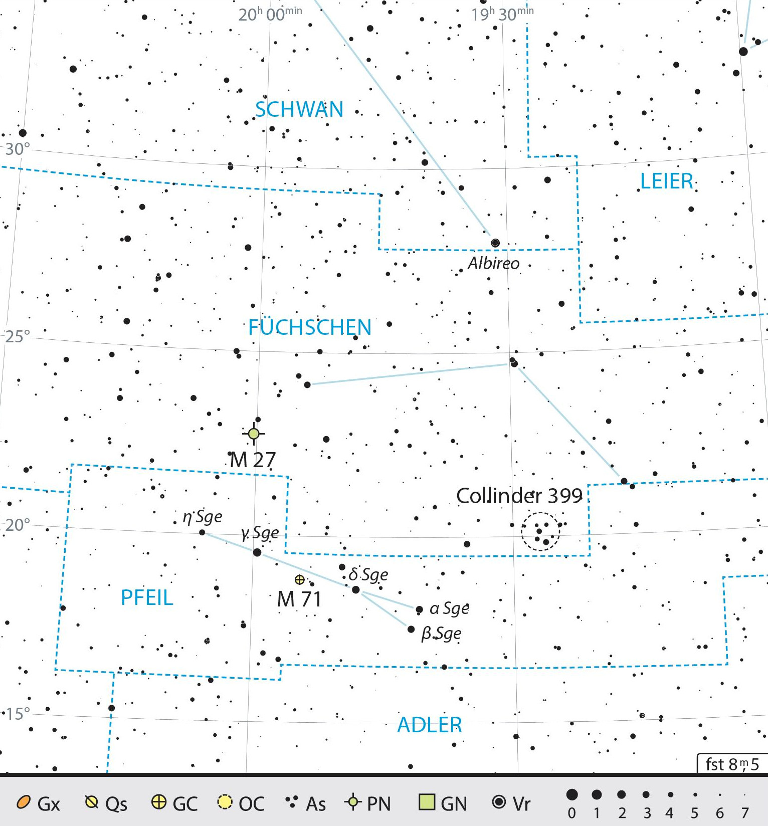 Mapa de las constelaciones de la Flecha y la Zorra con recomendaciones de observación. J. Scholten