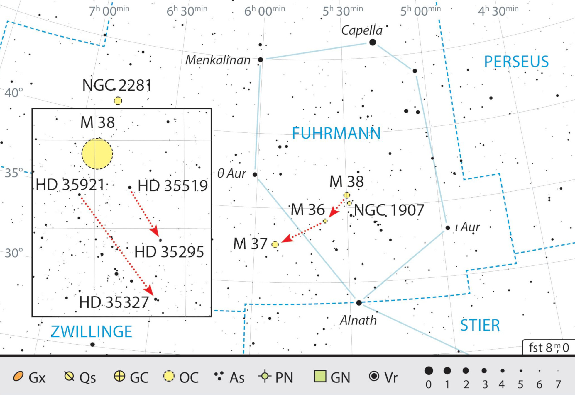 Mapa de la constelación de Auriga con recomendaciones de observación. J. Scholten