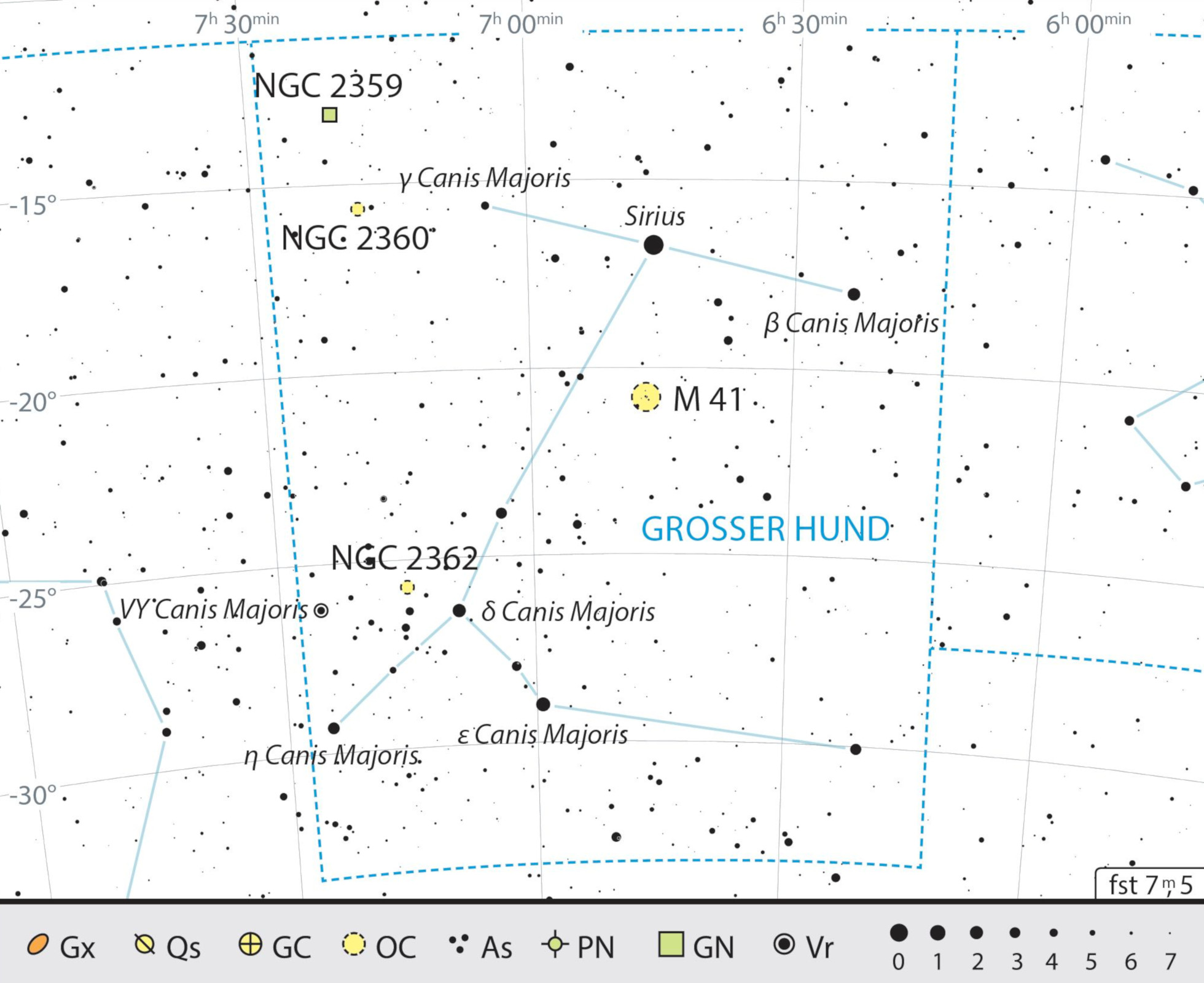 Mapa de la constelación del Can Mayor con recomendaciones de observación. J. Scholten