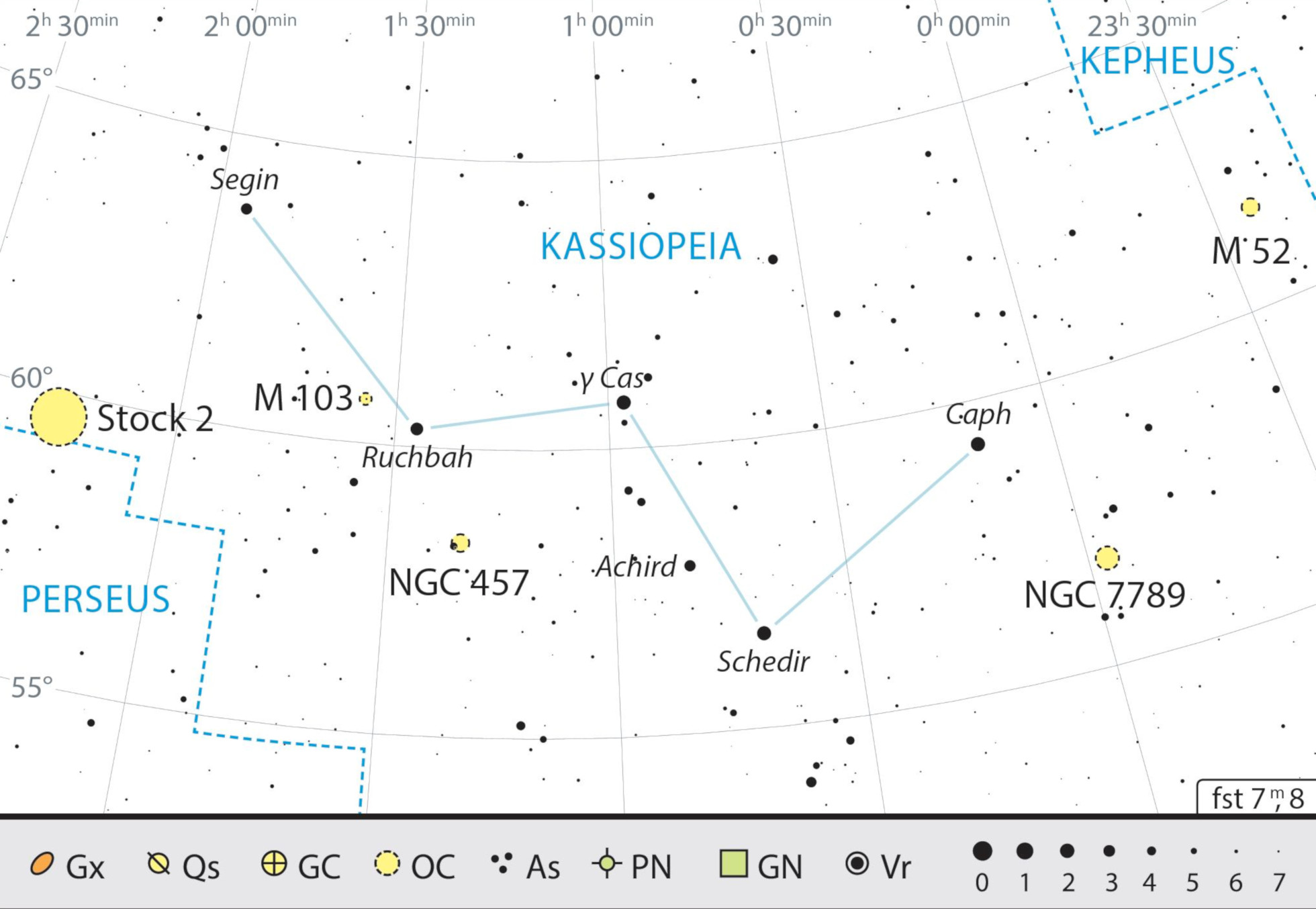 Mapa de la constelación de Casiopea con recomendaciones de observación. J. Scholten