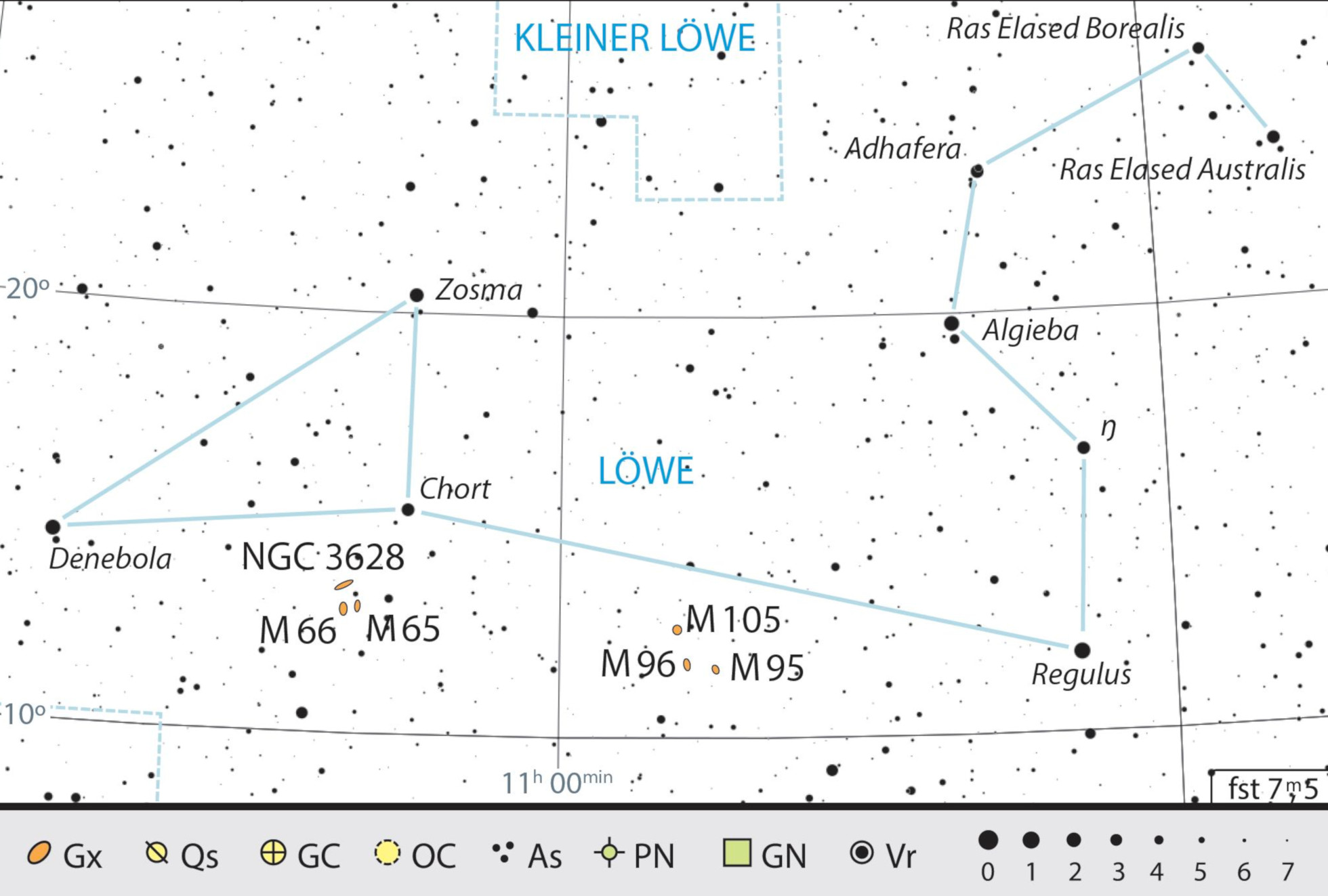 Mapa de la constelación de Leo con consejos de observación. J. Scholten