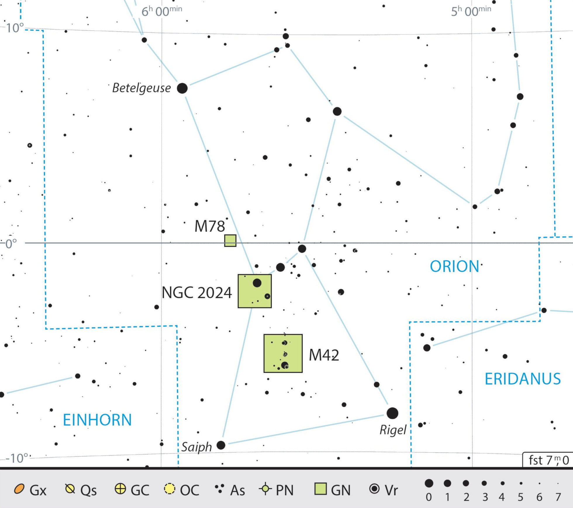 Mapa de la constelación de Orión y consejos de observación. J. Scholten