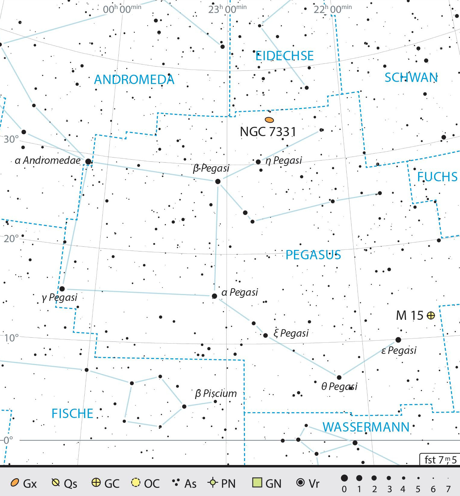 Mapa de la constelación de Pegaso con recomendaciones de observación. J. Scholten