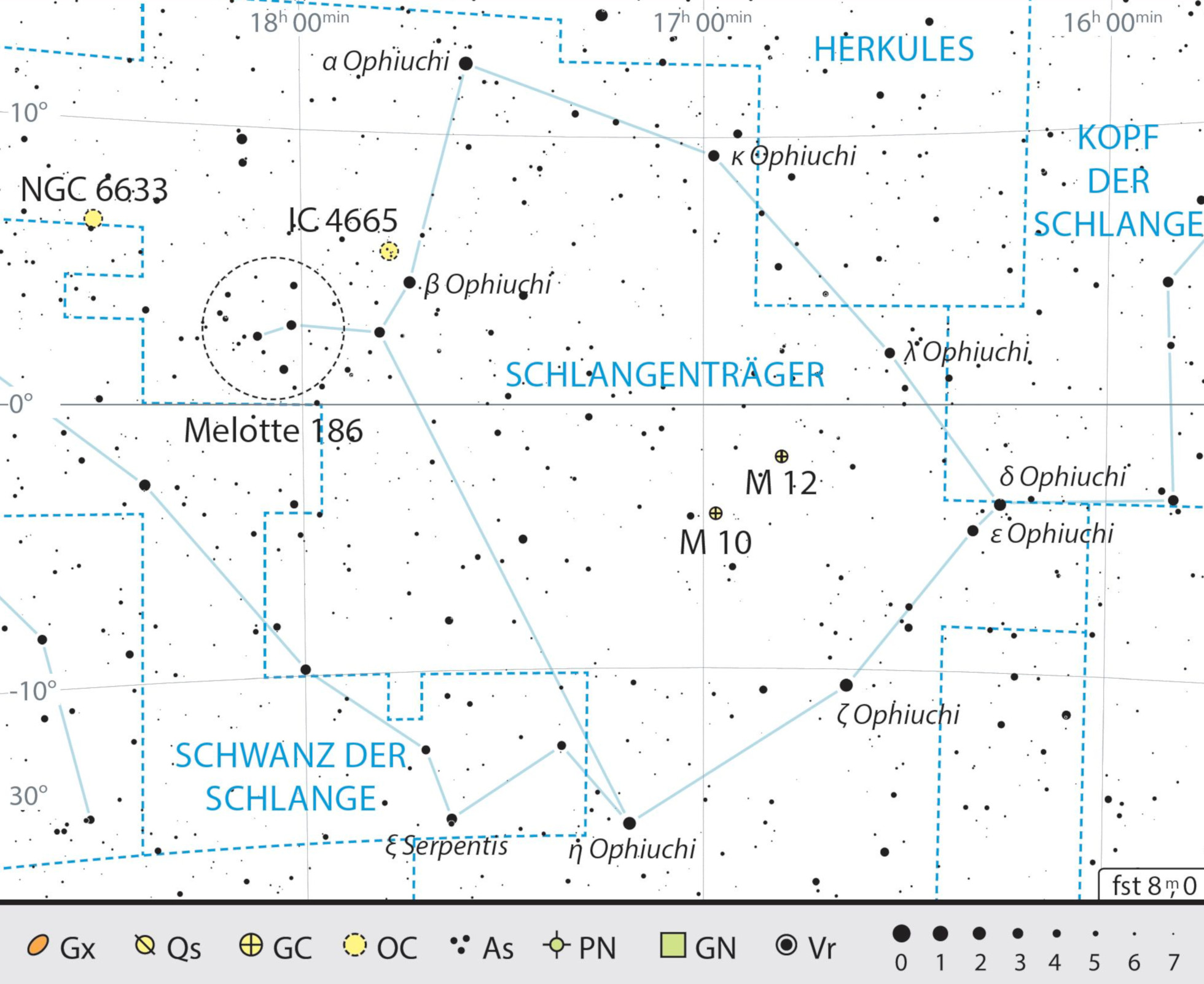 Mapa de la constelación de Ofiuco con consejos de observación. J. Scholten