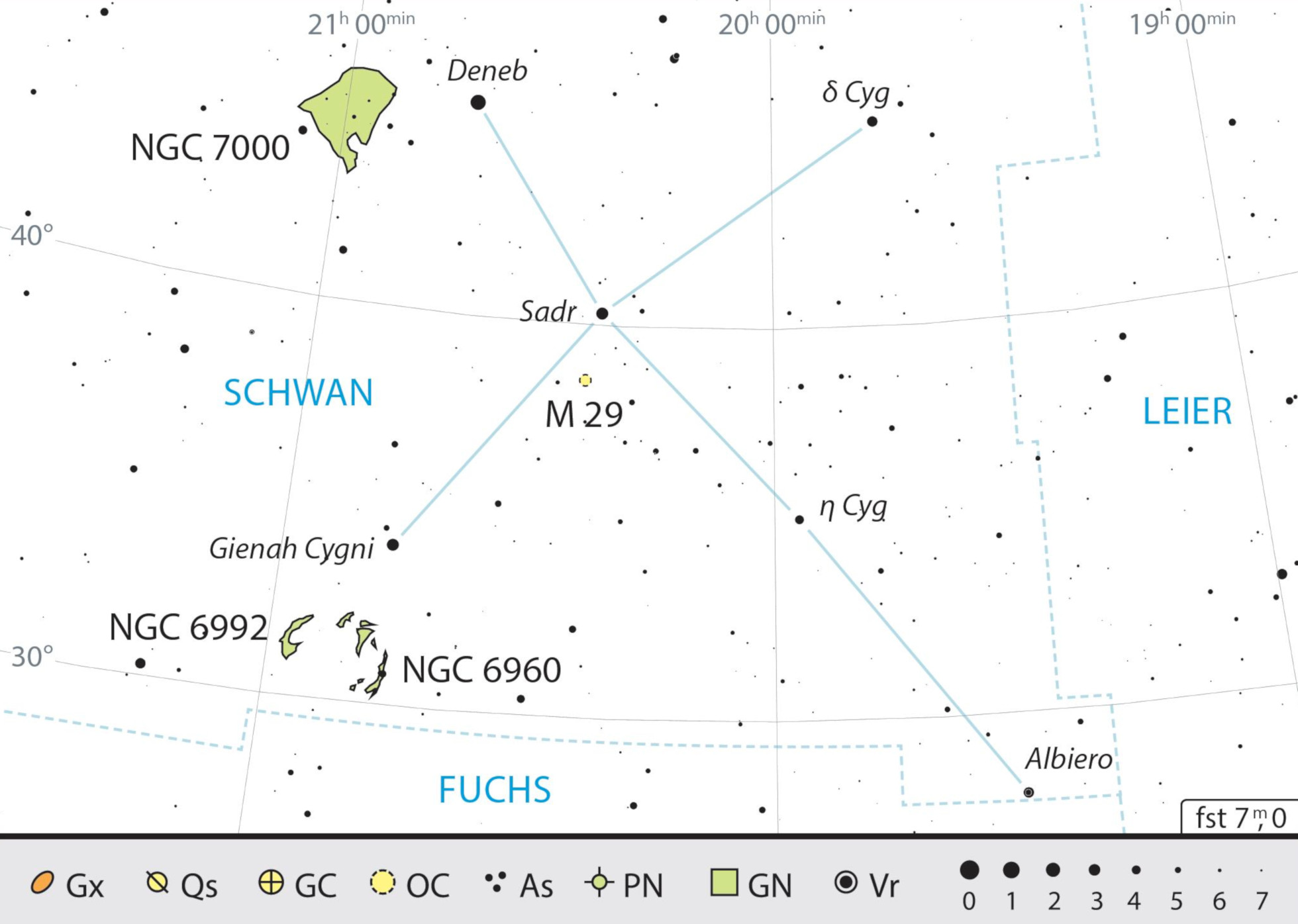 Mapa de la constelación del Cisne con consejos de observación. J. Scholten