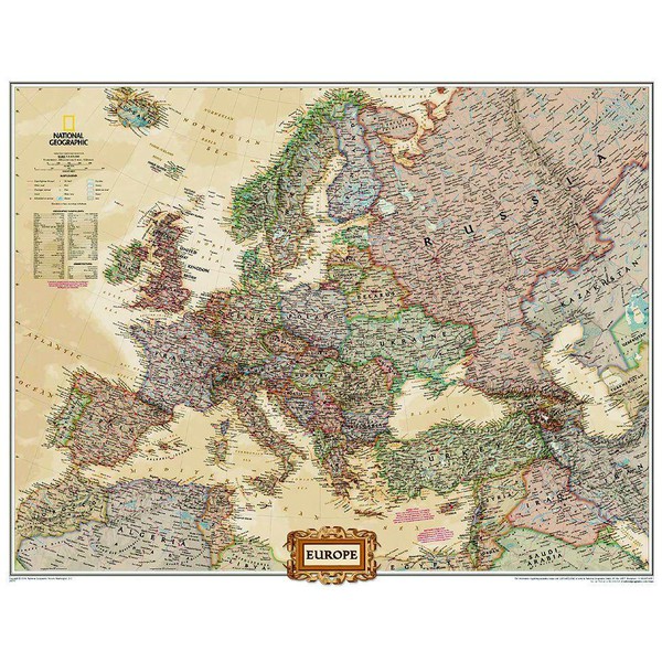 National Geographic Mapa de Europa político, grande, de diseño de antiguedad, con recubrimiento de protección