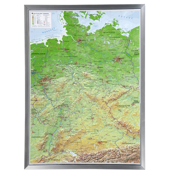 Georelief Alemania, grande, mapa en relieve 3D con marco de aluminio