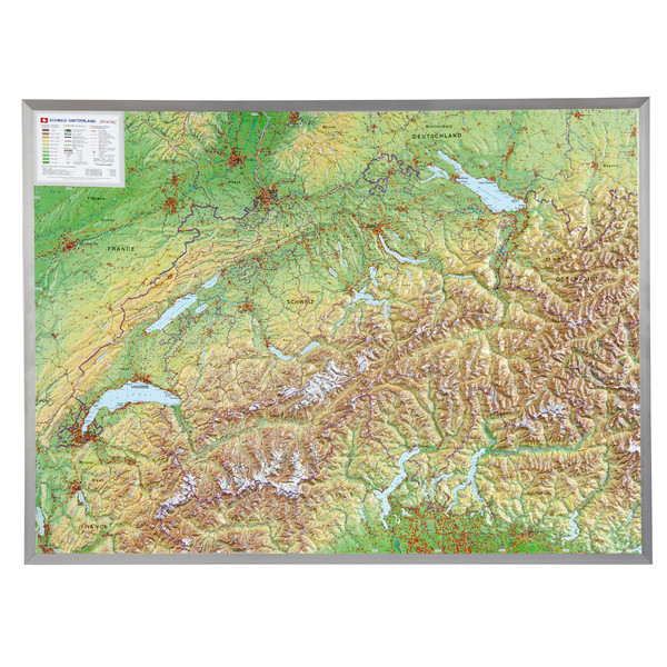 Georelief Suiza, grande, mapa en relieve 3D con marco de aluminio