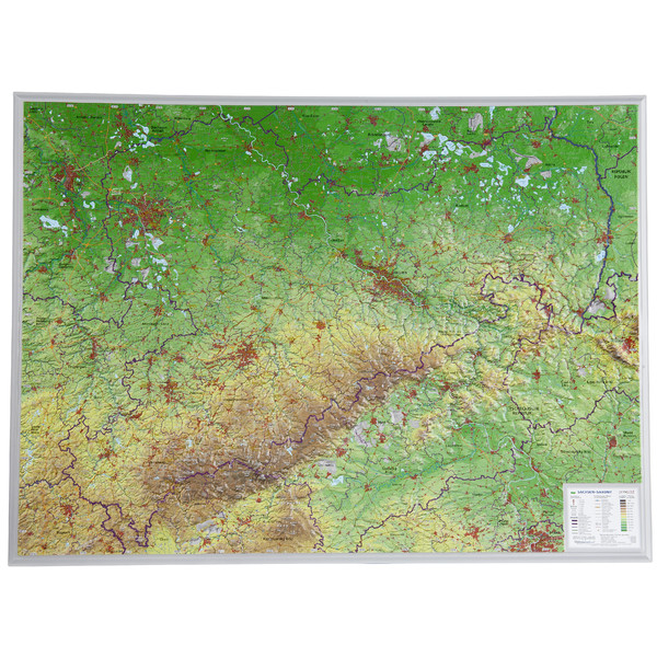 Georelief Estado federado de Sajonia, grande, mapa en relieve 3D