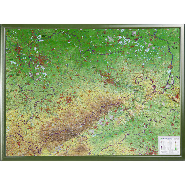 Georelief Estado federado de Sajonia, grande, mapa en relieve 3D con marco de madera