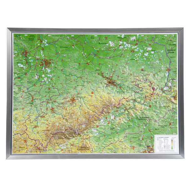 Georelief Estado federado de Sajonia, grande, mapa en relieve 3D con marco de aluminio