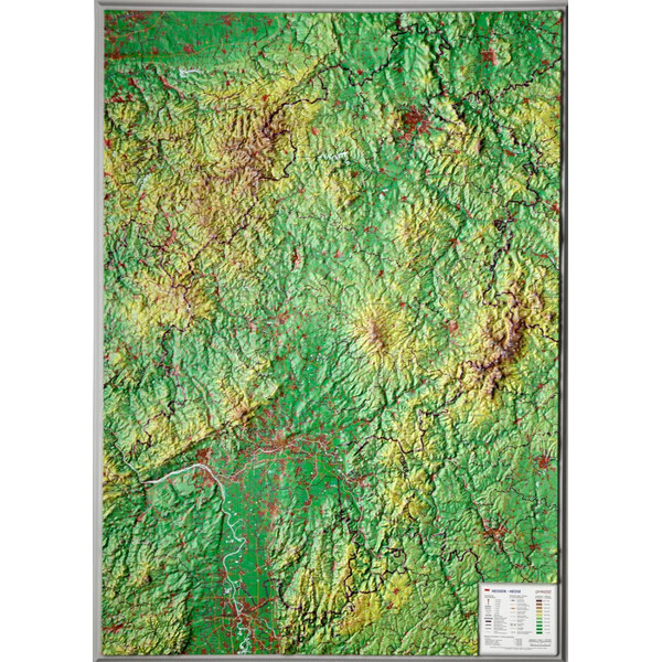 Georelief Estado federado de Hesse, grande, mapa en relieve 3D