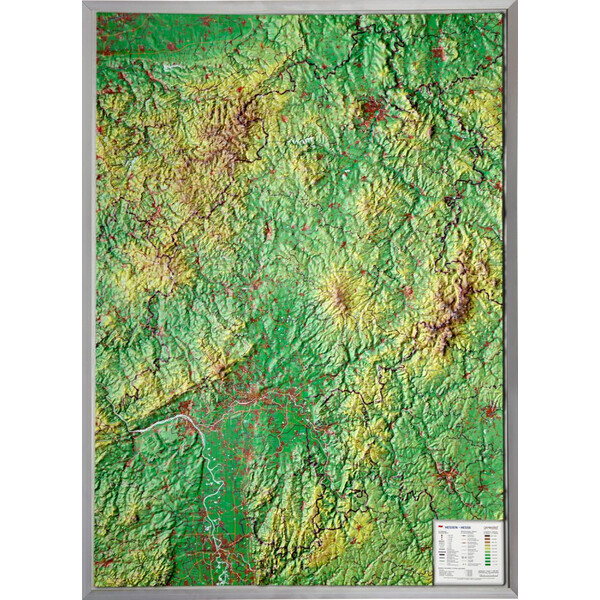 Georelief Estado federado de Hesse, grande, mapa en relieve 3D