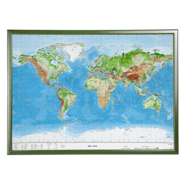 Georelief Mapamundi Mundo, grande, mapa en relieve 3D con marco de madera