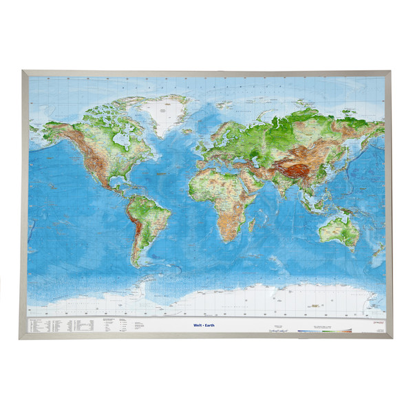 Georelief Mapamundi Mundo, grande, mapa en relieve 3D con marco de aluminio
