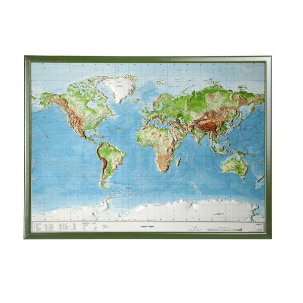 Georelief Mapamundi Mapa geográfico en relieve del mundo, grande, 3D con marco de madera, INGLÉS