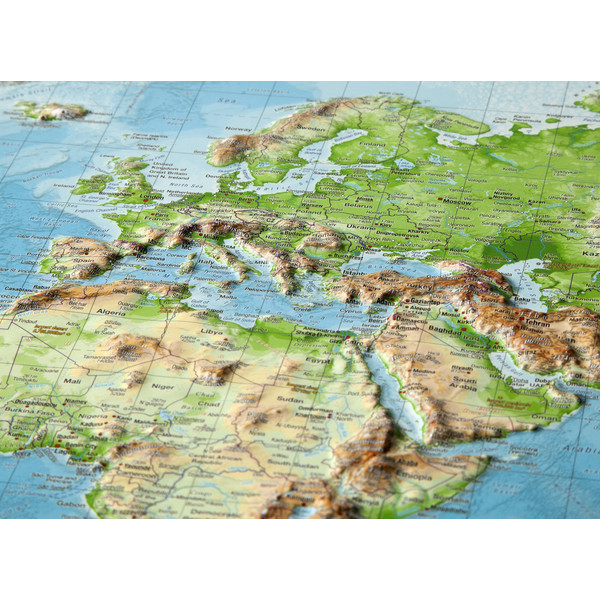 Georelief Mapamundi Mapa geográfico en relieve del mundo, grande, 3D con marco de madera, INGLÉS