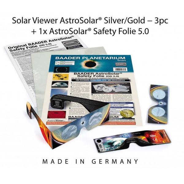 Baader Filtros solares: 3 gafas AstroSolar® plateadas/doradas y 1 lámina AstroSolar
