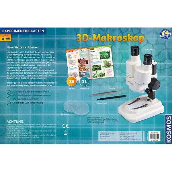 Kosmos Verlag Microscopio estereo 3-D Makroskop Forschungspaket, 20x, LED