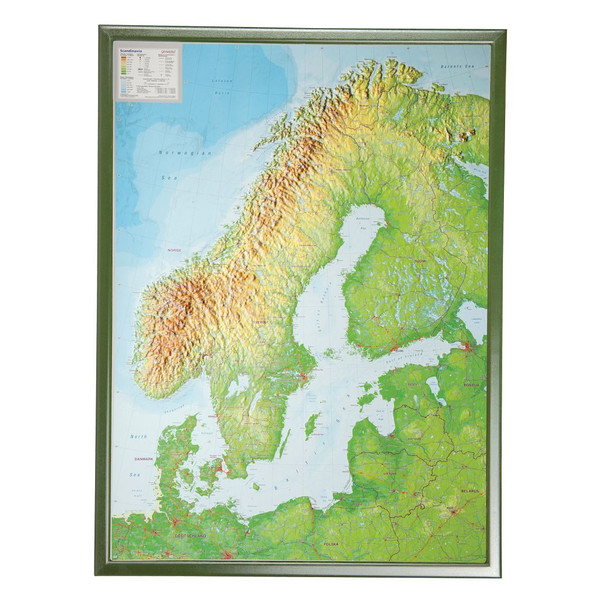 Georelief Escandinavia, grande, mapa en relieve 3D con marco de plástico en color plata