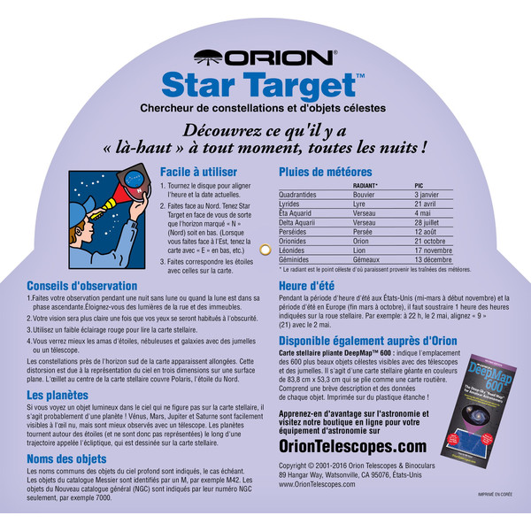 Orion Mapa estelar Planisphère Star Target 40 à 60 degrés