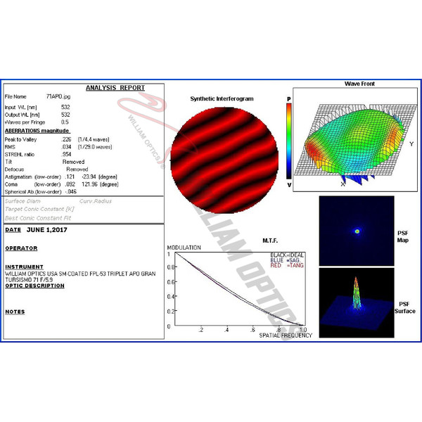 William Optics Refractor apocromático AP 71/420 Gran Turismo GT 71 OTA