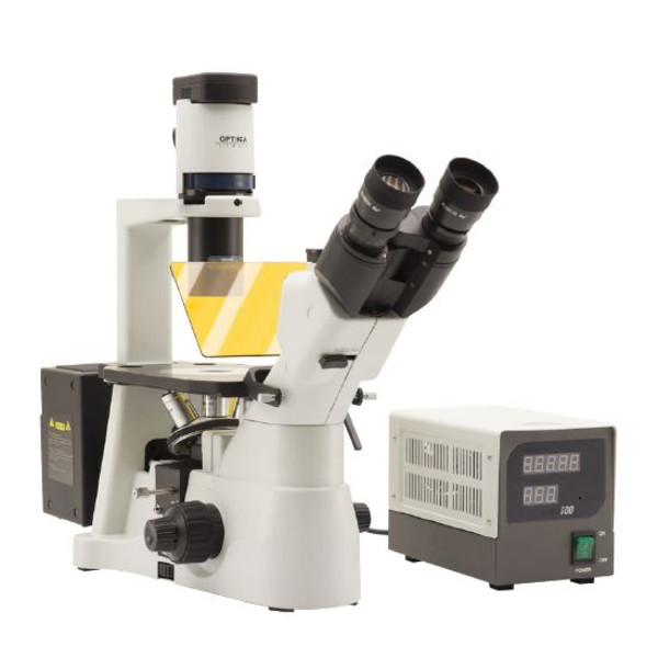 Optika Microscopio IM-3FL4-UK, trino, invertido, FL-HBO, Filtro B&G, IOS LWD U-PLAN F, 100x-400x, Reino Unido