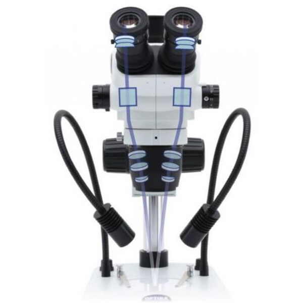 Optika Microscopio stereo zoom SZO-6 , trino, 6.7-45x, Säulenstativ, Auf-, Durchlicht, Doppelspot